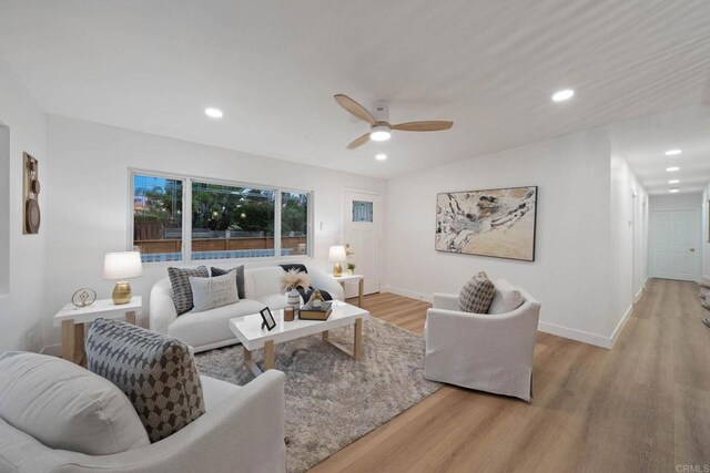 709 Puebla St, Encinitas, CA 92024 - living area with light wood-style flooring, a ceiling fan, and recessed lighting
