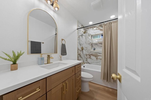 709 Puebla St, Encinitas, CA 92024 - bathroom featuring vanity, shower / bath combo with shower curtain, and wood finished floors