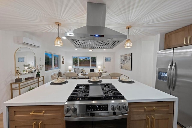 709 Puebla St, Encinitas, CA 92024 - kitchen featuring stainless steel appliances, extractor fan, a wall mounted air conditioner, open floor plan, and light countertops