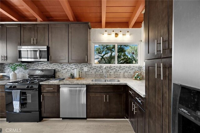 15352 Pastrana Dr, La Mirada, CA 90638 - kitchen with appliances with stainless steel finishes, a wooden ceiling with exposed beams, dark brown cabinetry, and decorative backsplash