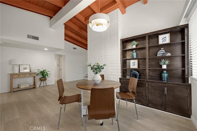 15352 Pastrana Dr, La Mirada, CA 90638 - dining space featuring a wooden ceiling with exposed beams, light wood-style flooring, and high vaulted ceiling