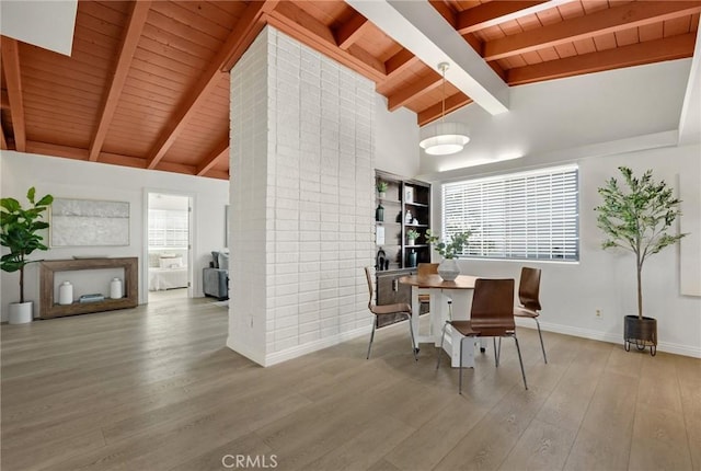 15352 Pastrana Dr, La Mirada, CA 90638 - dining space featuring wood ceiling, wood finished floors, and plenty of natural light