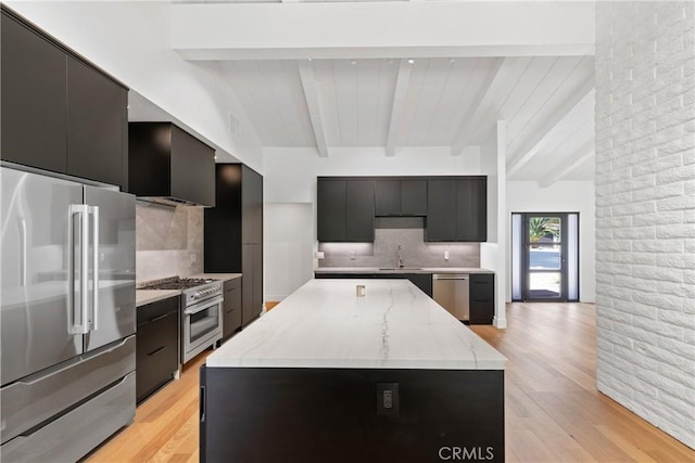 32641 Womsi Rd, Pauma Valley, CA 92061 - kitchen featuring stainless steel appliances, dark cabinets, modern cabinets, a center island, and decorative backsplash