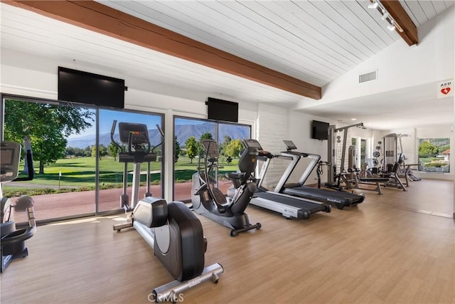 32641 Womsi Rd, Pauma Valley, CA 92061 - workout area featuring wood finished floors and a wooden ceiling with exposed beams