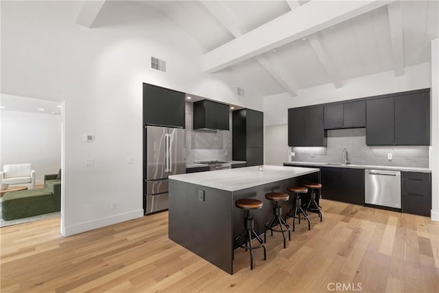 32641 Womsi Rd, Pauma Valley, CA 92061 - kitchen with dark cabinetry, stainless steel appliances, modern cabinets, high vaulted ceiling, and beam ceiling