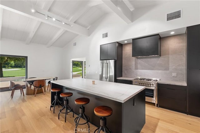 32641 Womsi Rd, Pauma Valley, CA 92061 - kitchen featuring high quality appliances, wall chimney exhaust hood, a center island, a breakfast bar, and track lighting