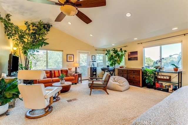 947 Calimex, Nipomo, CA 93444 - living room featuring vaulted ceiling, recessed lighting, a ceiling fan, and carpet floors