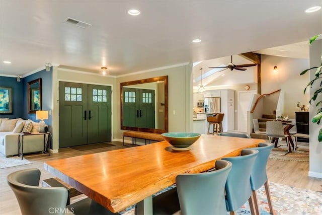 947 Calimex, Nipomo, CA 93444 - dining area featuring stairway, light wood-style flooring, recessed lighting, ornamental molding, and a ceiling fan