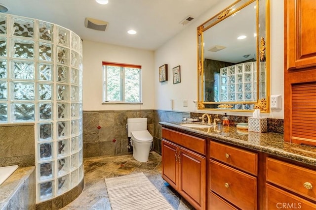 947 Calimex, Nipomo, CA 93444 - bathroom with tile walls, wainscoting, walk in shower, vanity, and recessed lighting
