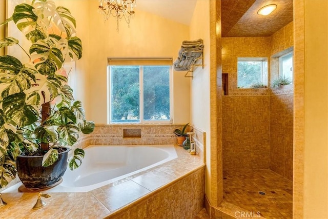 947 Calimex, Nipomo, CA 93444 - bathroom with a bath, a tile shower, and a chandelier