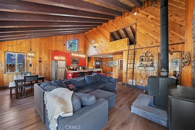 33211 Juniper Ln, Green Valley Lake, CA 92341 - living room with wood walls, a wood stove, and wood finished floors