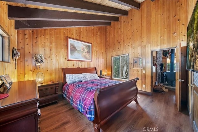 33211 Juniper Ln, Green Valley Lake, CA 92341 - bedroom featuring beamed ceiling, wood finished floors, multiple windows, and wood walls