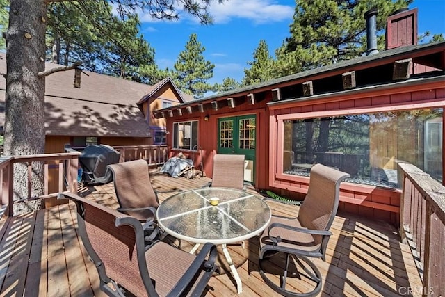 33211 Juniper Ln, Green Valley Lake, CA 92341 - wooden terrace featuring outdoor dining space and a grill