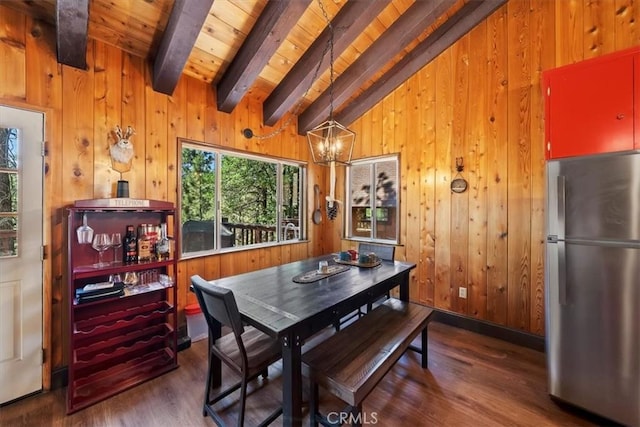 33211 Juniper Ln, Green Valley Lake, CA 92341 - dining space with wooden ceiling, wood finished floors, wood walls, and a chandelier