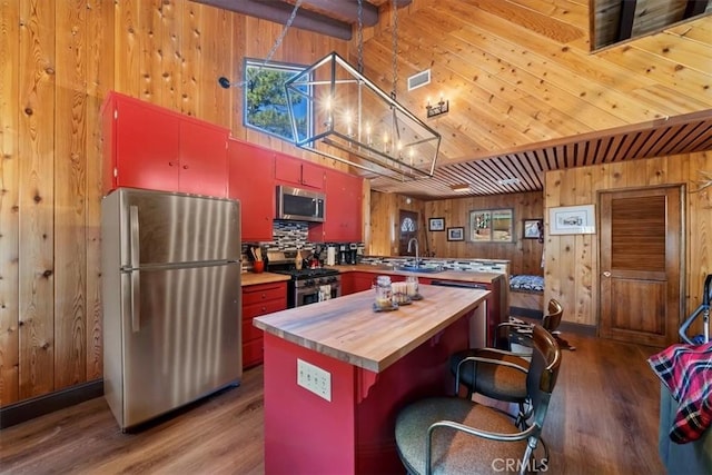33211 Juniper Ln, Green Valley Lake, CA 92341 - kitchen featuring stainless steel appliances, wood counters, wooden walls, wood finished floors, and a peninsula
