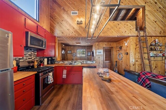 33211 Juniper Ln, Green Valley Lake, CA 92341 - kitchen featuring butcher block counters, appliances with stainless steel finishes, red cabinetry, wooden walls, and dark wood finished floors