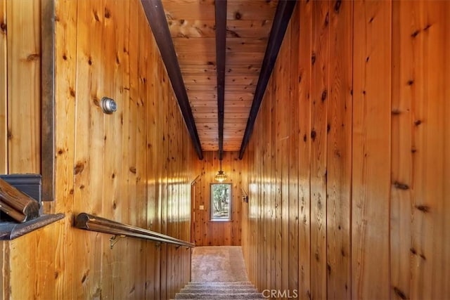 33211 Juniper Ln, Green Valley Lake, CA 92341 - staircase featuring wooden walls, wooden ceiling, and carpet