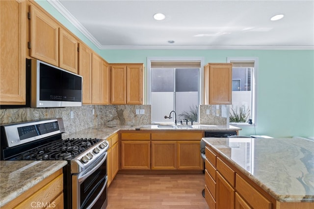23832 Matador Way, Murrieta, CA 92562 - kitchen featuring stainless steel appliances, ornamental molding, light wood-style floors, decorative backsplash, and light stone countertops