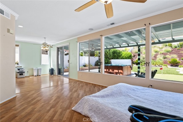 23832 Matador Way, Murrieta, CA 92562 - bedroom with ornamental molding, wood finished floors, access to exterior, a ceiling fan, and recessed lighting