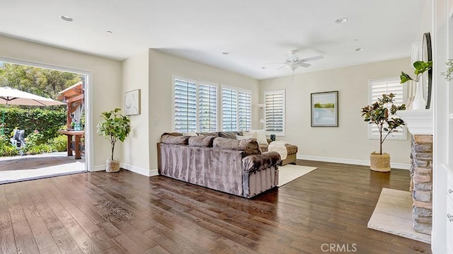 18 Via Canero, San Clemente, CA 92673 - living room featuring dark wood-type flooring, a ceiling fan, and recessed lighting