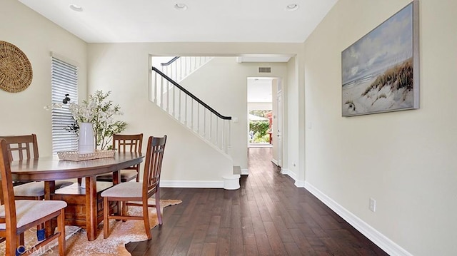 18 Via Canero, San Clemente, CA 92673 - dining area featuring dark wood-style flooring, stairway, and recessed lighting