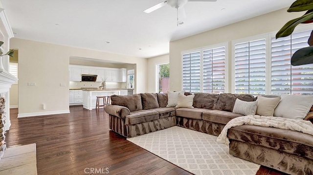 18 Via Canero, San Clemente, CA 92673 - living area featuring dark wood finished floors and ceiling fan
