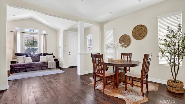 18 Via Canero, San Clemente, CA 92673 - dining space featuring vaulted ceiling, dark wood-type flooring, and decorative columns