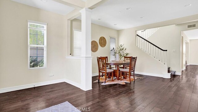 18 Via Canero, San Clemente, CA 92673 - dining room featuring hardwood / wood-style floors, stairway, ornate columns, and recessed lighting