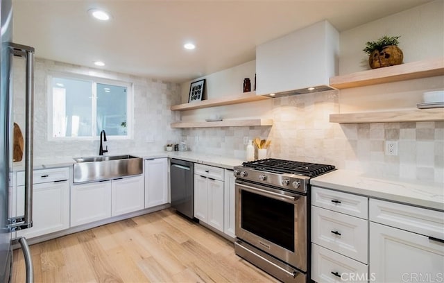 4026 Garfield St, Carlsbad, CA 92008 - kitchen with stainless steel appliances, open shelves, white cabinetry, light stone countertops, and recessed lighting