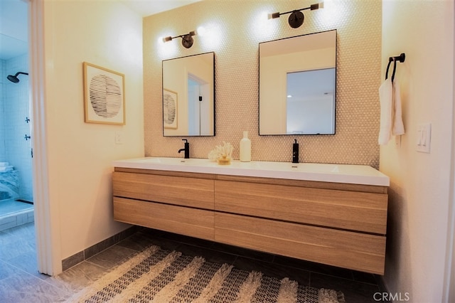 4026 Garfield St, Carlsbad, CA 92008 - bathroom with double vanity, a shower, and tile patterned flooring