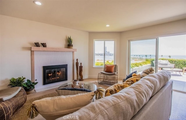4026 Garfield St, Carlsbad, CA 92008 - living room featuring a glass covered fireplace, plenty of natural light, recessed lighting, and wood finished floors