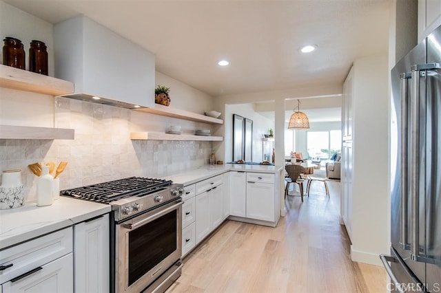 4026 Garfield St, Carlsbad, CA 92008 - kitchen featuring open shelves, high quality appliances, light wood-style flooring, white cabinets, and backsplash