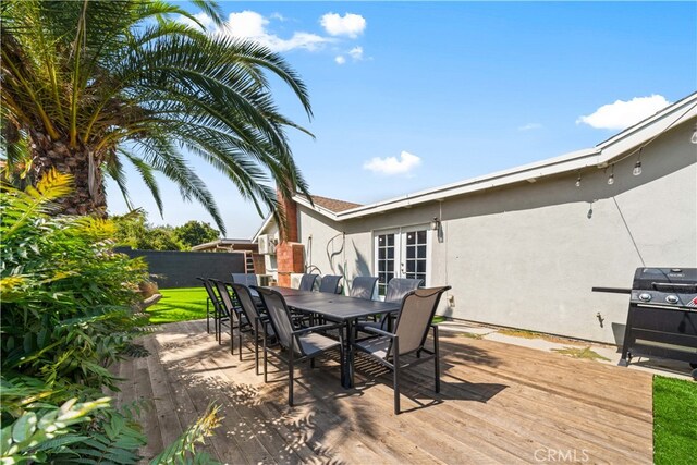 18536 Mescal St, Rowland Heights, CA 91748 - wooden terrace with outdoor dining area, french doors, and a grill