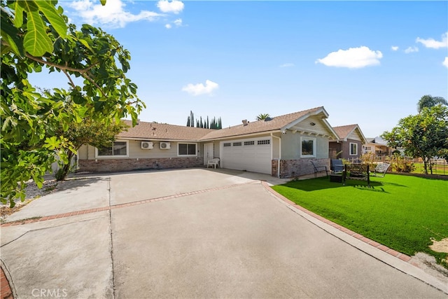 18536 Mescal St, Rowland Heights, CA 91748 - ranch-style home featuring an attached garage, a front lawn, concrete driveway, and stone siding