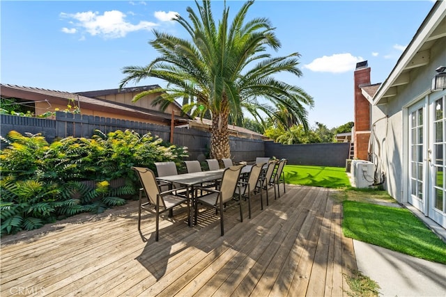 18536 Mescal St, Rowland Heights, CA 91748 - wooden terrace featuring a fenced backyard, french doors, and outdoor dining area