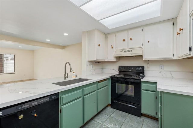 2321 S Magnolia Ave Unit 6E, Ontario, CA 91762 - kitchen featuring black appliances, under cabinet range hood, light tile patterned floors, green cabinets, and recessed lighting