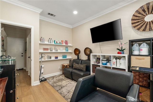 14131 Apple Grove Ct, Eastvale, CA 92880 - living area with crown molding, wood finished floors, and recessed lighting