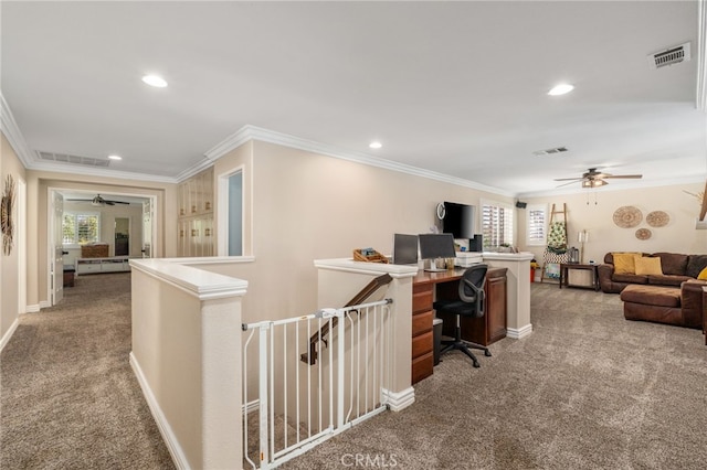 14131 Apple Grove Ct, Eastvale, CA 92880 - carpeted home office featuring ceiling fan, ornamental molding, and recessed lighting