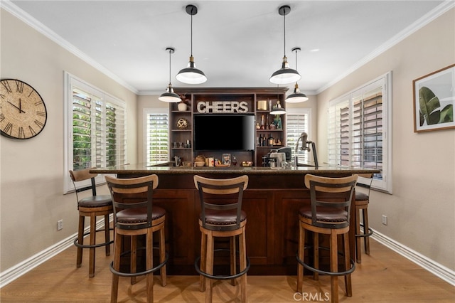 14131 Apple Grove Ct, Eastvale, CA 92880 - indoor wet bar featuring crown molding, light wood-style floors, and hanging light fixtures