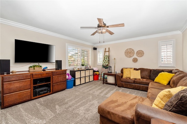 14131 Apple Grove Ct, Eastvale, CA 92880 - living room with ornamental molding, light colored carpet, and a ceiling fan