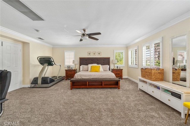 14131 Apple Grove Ct, Eastvale, CA 92880 - carpeted bedroom with ornamental molding, multiple windows, and a ceiling fan