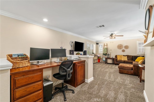 14131 Apple Grove Ct, Eastvale, CA 92880 - office space with light carpet, ornamental molding, and ceiling fan