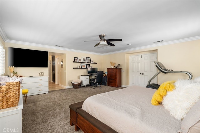 14131 Apple Grove Ct, Eastvale, CA 92880 - bedroom with crown molding, carpet floors, an office area, a ceiling fan, and a closet
