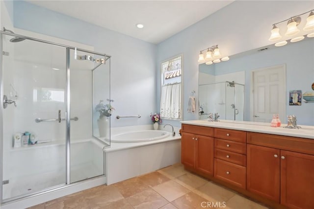 1627 Camino Sueno, Hemet, CA 92545 - bathroom with double vanity, a shower stall, a bath, and recessed lighting
