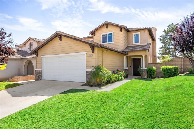 11890 Greenbluff Way, Yucaipa, CA 92399 - view of front of home with concrete driveway, an attached garage, stone siding, and a tiled roof