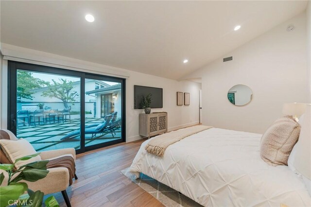 35 Beachcomber Dr, Corona Del Mar, CA 92625 - bedroom with access to exterior, lofted ceiling, wood finished floors, and recessed lighting
