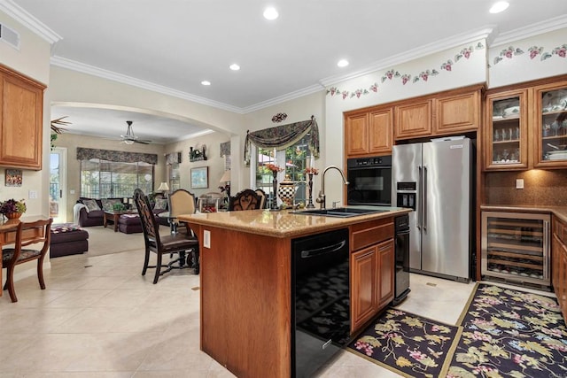 6130 Paseo Monona, Carlsbad, CA 92009 - kitchen with wine cooler, black appliances, a ceiling fan, an island with sink, and recessed lighting
