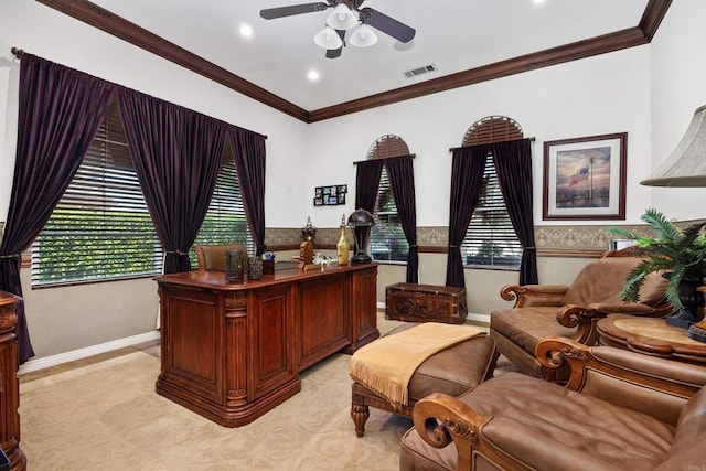 6130 Paseo Monona, Carlsbad, CA 92009 - office with ceiling fan, crown molding, and recessed lighting