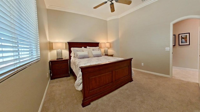 6130 Paseo Monona, Carlsbad, CA 92009 - bedroom with crown molding, light colored carpet, arched walkways, and ceiling fan
