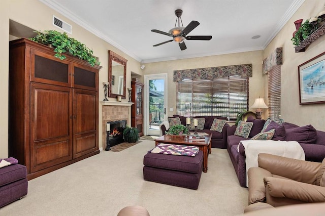 6130 Paseo Monona, Carlsbad, CA 92009 - carpeted living room with crown molding, a ceiling fan, and a brick fireplace